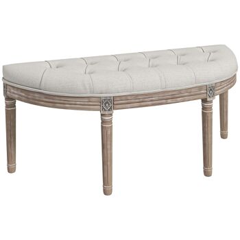 HOMCOM Banc bout de lit banc d'entrée en forme demi-lune, banquette capitonnée, style Louis XVI, structure en bois massif sculpté, patiné, siège en tissu aspect lin, crème 1