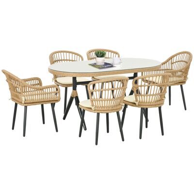 Outsunny Gartenmöbel PE-Rattan-Essgruppe für 6 Personen – 1 rechteckiger Tisch und 6 Stühle mit Kissen – Platte aus gehärtetem Glas, Stahlrahmen, Naturholz