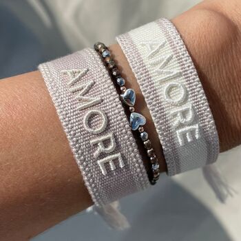 Bracelet déclaration AMORE tissé et brodé Taupe Clair 1