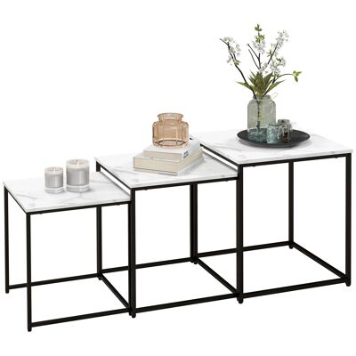 HOMCOM Set di 3 tavolini bassi quadrati impilabili di design - pannelli aspetto marmo bianco acciaio nero 50/45/39,5 cm