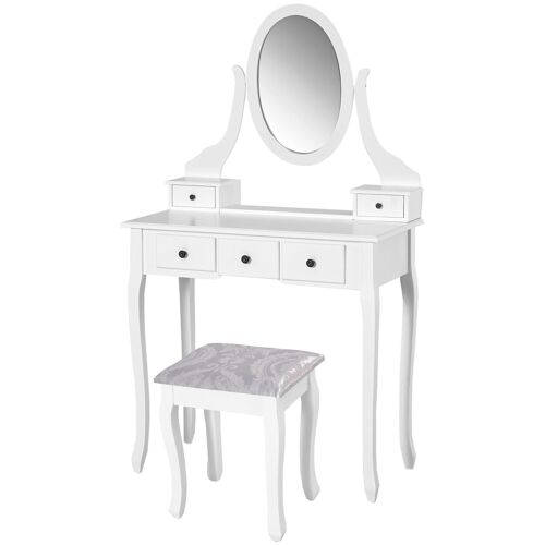 HOMCOM Coiffeuse avec Miroir et Tabouret 5 tiroirs Table de Maquillage avec pieds en Bois de pin Massif 80 x 40 x 140cm Blanc