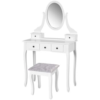 HOMCOM Coiffeuse avec Miroir et Tabouret 5 tiroirs Table de Maquillage avec pieds en Bois de pin Massif 80 x 40 x 140cm Blanc 1