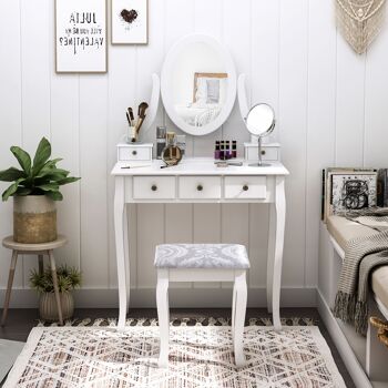 HOMCOM Coiffeuse avec Miroir et Tabouret 5 tiroirs Table de Maquillage avec pieds en Bois de pin Massif 80 x 40 x 140cm Blanc 2