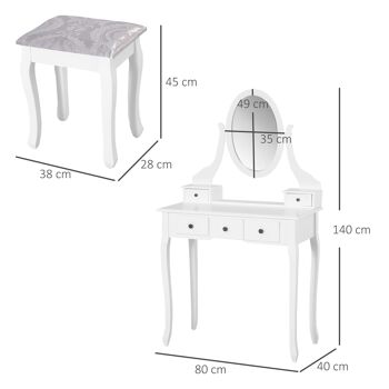 HOMCOM Coiffeuse avec Miroir et Tabouret 5 tiroirs Table de Maquillage avec pieds en Bois de pin Massif 80 x 40 x 140cm Blanc 5