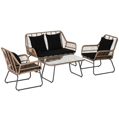 Outsunny-Gartenmöbel-Set aus Kunstharzgeflecht, 2 Sessel, 1 2-Sitzer-Sofa, 1 Tisch-Rückenkissen aus gehärtetem Glas mit abnehmbaren Bezügen