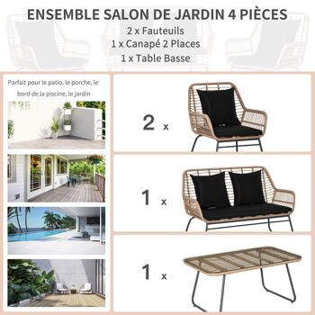 Outsunny Ensemble salon de jardin en résine tressée 2 fauteuils 1 canapé 2 places 1 table en verre trempé coussins assise dossier déhoussables 3