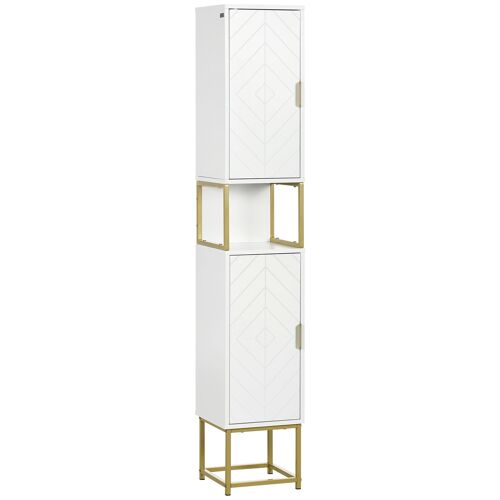 kleankin Meuble colonne rangement salle de bain avec niche et 2 placards étagère réglable pieds en acier doré dim. 30L x 30l x 170,7H cm blanc