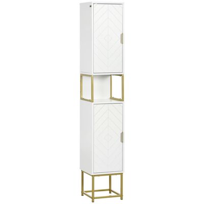 kleankin Bathroom storage column unit with niche and 2 cupboards, adjustable shelf, gold steel legs dim. 30L x 30w x 170.7H cm white