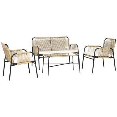 Outsunny Set di mobili da giardino 4 pezzi mobili da giardino Divano a 2 posti + 2 poltrone + 1 tavolino con cuscini - Acciaio e resina intrecciata effetto rattan - Beige e nero