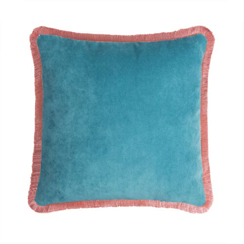 Happy Pillow Velvet Light Blue With Pink Fringes