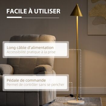 HOMCOM Lampadaire sur pied salon 40W, lampe sur pied en acier doré, abat-jour conique orientable, base en marbre, hauteur 153 cm, pour salon et chambre à coucher, doré et blanc 6