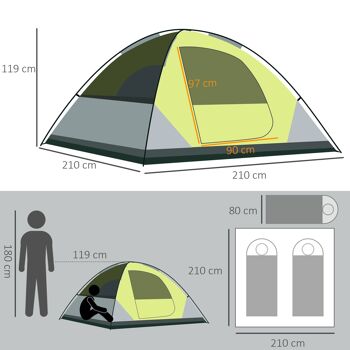 Outsunny Tente de camping 3 personnes tente dôme étanche légère ventilée portes zippées poche de rangement sac de transport inclus fibre verre polyester tissu Oxford 210L x 210l x 119H cm vert et gris 5