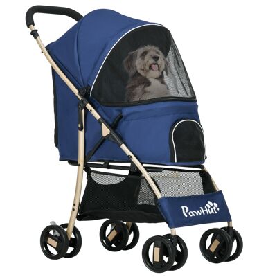 PawHut Passeggino per cani pieghevole passeggino pieghevole cestino portaoggetti guinzagli di sicurezza, cuscino incluso ruote con freno tessuto Oxford 600D acciaio dim. 80 L x 44,5 L x 97 A cm blu scuro