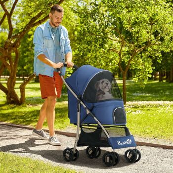 PawHut Poussette pour chien buggy pliable chariot pliante panier de rangement laisses de sécurité, coussin inclus roues avec frein tissu 600D Oxford acier dim. 80L x 44,5l x 97H cm bleu foncé 2