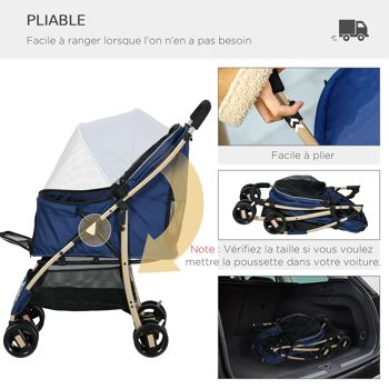 PawHut Poussette pour chien buggy pliable chariot pliante panier de rangement laisses de sécurité, coussin inclus roues avec frein tissu 600D Oxford acier dim. 80L x 44,5l x 97H cm bleu foncé 3