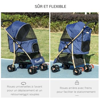 PawHut Poussette pour chien buggy pliable chariot pliante panier de rangement laisses de sécurité, coussin inclus roues avec frein tissu 600D Oxford acier dim. 80L x 44,5l x 97H cm bleu foncé 4