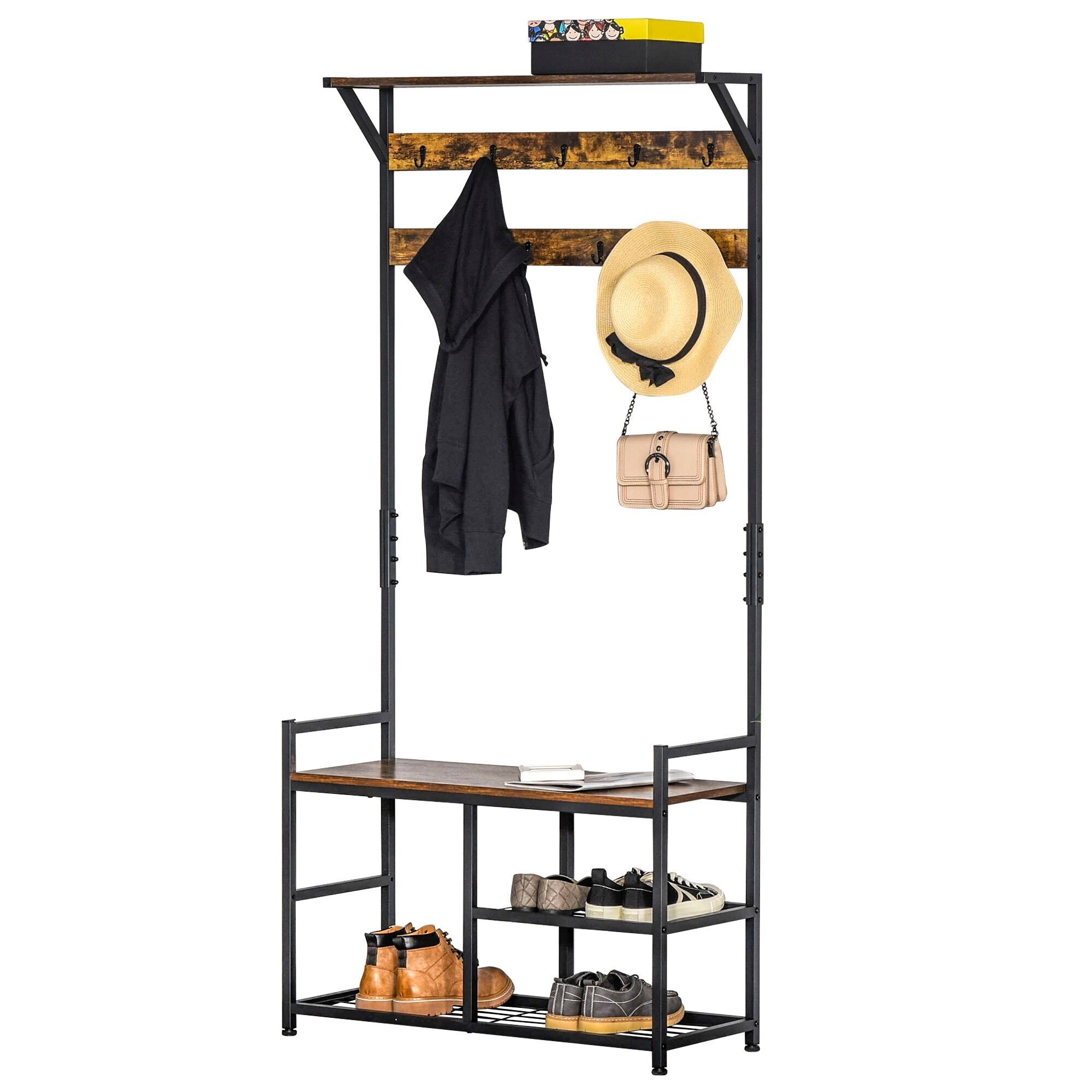 HOMCOM Porte-manteau avec étagère à chaussures, meuble d'entrée avec banc, 3 en 1, style industriel, 3 étagères et 9 crochets, 84 x 34,5 x 180 cm, pour entrée, couloir, marron et noir