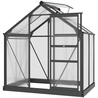 Outsunny Gartengewächshaus aus Polycarbonat, 190 x 132 x 201 cm, Aluminiumgewächshaus für den Garten, UV 30+ beständig, mit verstärktem Fundament, Dachrinne, Oberlicht und Schiebetür, Grau