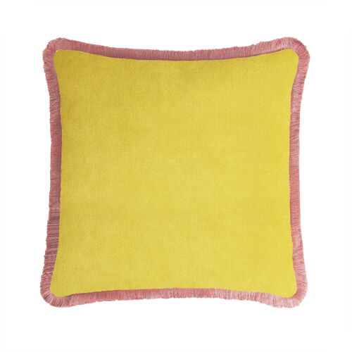 Happy Pillow Velvet Yellow With Pink Fringes