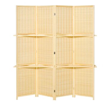 HOMCOM Paravent séparateur de pièce closion de séparation pliable 4 panneaux avec 2 étagères 180 x 180 cm bambou et bois de pin coloris naturel 1