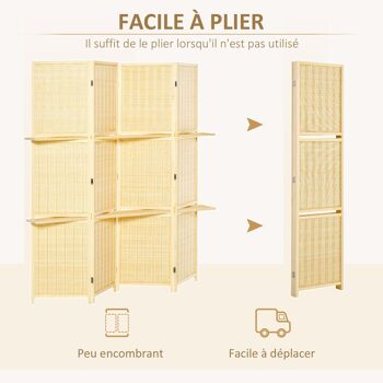 HOMCOM Paravent séparateur de pièce closion de séparation pliable 4 panneaux avec 2 étagères 180 x 180 cm bambou et bois de pin coloris naturel 4