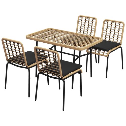 Outsunny Salon de jardin ensemble table et 4 chaise de jardin, 5 pièces salle à manger en résine effet rotin, métal noir et verre trempé - coussins inclus