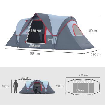 Outsunny Tente de camping familiale 5-6 pers. - tente tunelle étanche légère ventilée facile à monter - grande porte + 3 fenêtres - dim. 4,55L x 2,3l x 1,8H m fibre verre polyester oxford gris 5
