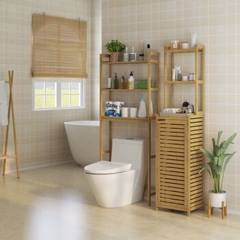 HOMCOM Meuble colonne salle de bain, armoire haute en bambou, 3 étagères et placard 1 porte, meuble de rangement sur pied, 38,5 x 33 x 170 cm, naturel 2