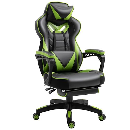 Vinsetto Chaise gaming Ergonomique, Fauteuil de Bureau confortable avec Repose-Pied, Appuie-Tête et coussin lombaire, Hauteur Réglable, noir et vert