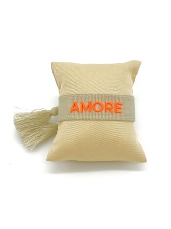 Bracelet déclaration AMORE tissé, brodé beige orange fluo 11