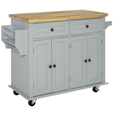 HOMCOM Carro con isla de cocina multialmacenamiento 2 cajones 2 armarios 2 puertas con estante portabotellas toallero MDF madera de caucho gris