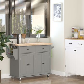 HOMCOM Desserte ilôt de cuisine multi rangements 2 tiroirs 2 placard 2 portes avec étagère range-bouteille porte-torchons MDF gris hévéa 2