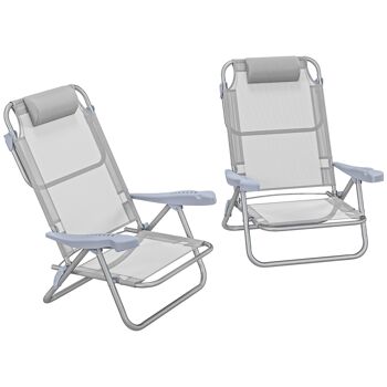 Outsunny Lot de 2 chaises de jardin pliantes chaise de pêche portable, chaise de camping appui-tête dossier inclinable à 6 niveaux - en aluminium dim. 62L x 65l x 80H cm gris 1