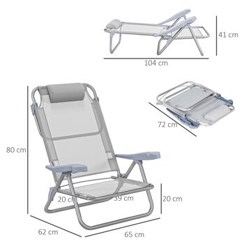 Outsunny Lot de 2 chaises de jardin pliantes chaise de pêche portable, chaise de camping appui-tête dossier inclinable à 6 niveaux - en aluminium dim. 62L x 65l x 80H cm gris 5