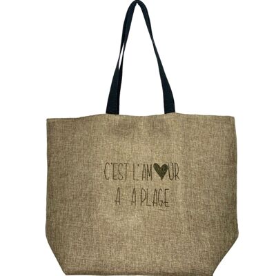 Borsa tote da spiaggia L, "It's love at the beach" in iuta luccicante