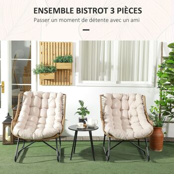Outsunny Salon de jardin bistrot, ensemble bistrot de jardin 3 pièces cadre en acier 2 chaises + 1 table basse coussins inclus Kaki 3