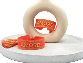 Bracelet déclaration AMORE tissé, brodé or orange fluo 4