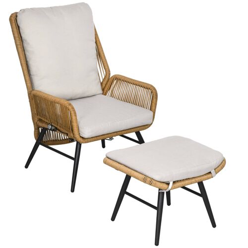 Outsunny Fauteuil de jardin avec repose-pieds - dossier inclinable et coussin - en résine tressée imitation rotin ensemble de 2 pièces naturel