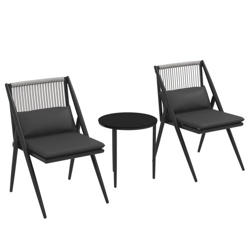 Outsunny Salon de jardin bistrot, ensemble bistrot de jardin 3 pièces 2 fauteuils avec coussins + table basse ronde plateau verre trempé cadre en aluminium gris