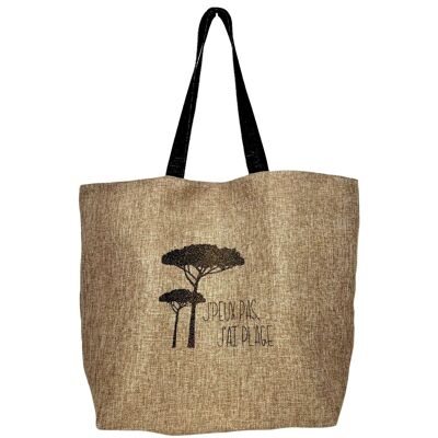 Strandtasche L, „I can't have a beach“ Pinien, glitzernde Jute