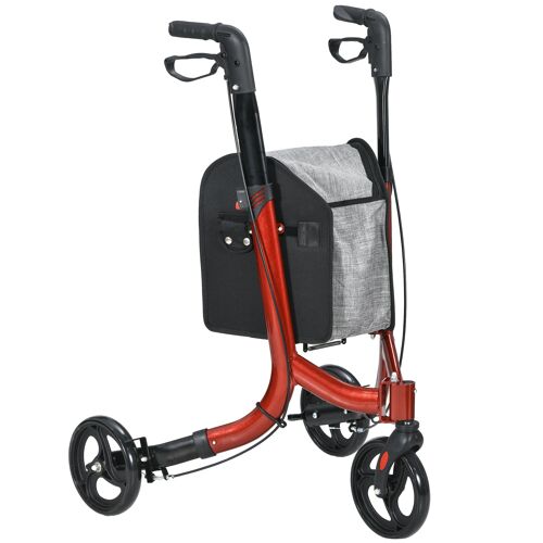 HOMCOM Déambulateur 3 roues pliable, déambulateur pour personnes âgées, double frein, hauteut réglable, structure en aluminium, panier de rangement, léger et résistant, rouge