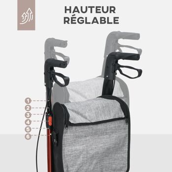 HOMCOM Déambulateur 3 roues pliable, déambulateur pour personnes âgées, double frein, hauteut réglable, structure en aluminium, panier de rangement, léger et résistant, rouge 3