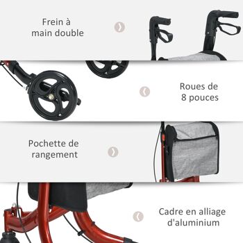 HOMCOM Déambulateur 3 roues pliable, déambulateur pour personnes âgées, double frein, hauteut réglable, structure en aluminium, panier de rangement, léger et résistant, rouge 4