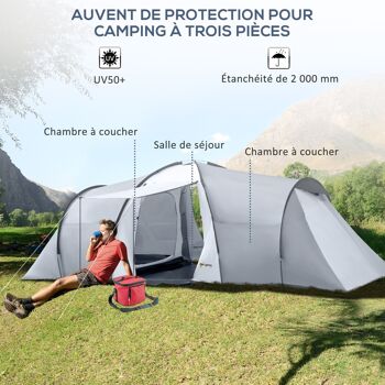 Outsunny Tente de camping familiale 4-6 personnes dôme 2 chambres 1 séjour et 1 auvent anti-UV Imperméable 2000 mm sac de transport multicolore 3
