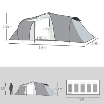 Outsunny Tente de camping familiale 4-6 personnes dôme 2 chambres 1 séjour et 1 auvent anti-UV Imperméable 2000 mm sac de transport multicolore 5