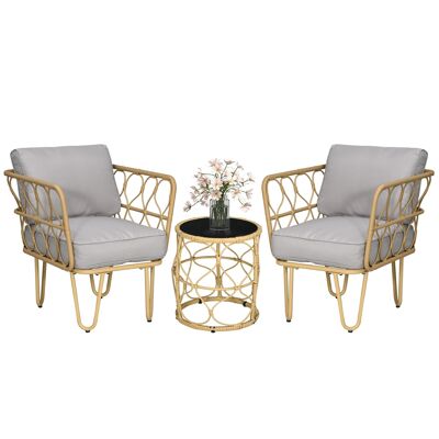 Outsunny Salon de jardin bistrot, ensemble bistrot de jardin 3 pièces cadre en acier 2 fauteuils + 1 table basse ronde avec plateau en verre trempé, coussins inclus Beige, gris