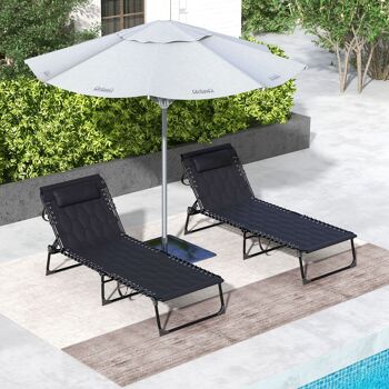 Outsunny Lot de 2 transats bains de soleil pliable avec dossier inclinable 5 positions - coussins, appui-tête et revêtement matelassé tissu Oxford - noir 2