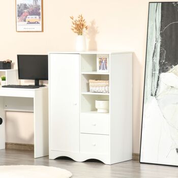 HOMCOM Armoire avec Porte et 5 étagères, 3 niches, 2 tiroirs, meuble de rangement blanc pour chambre, salon, bureau 3