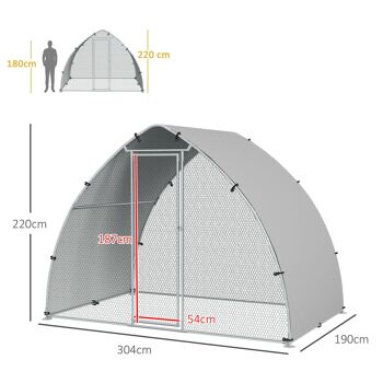 PawHut Grand enclos poulailler chenil volière extérieure 5,75m² toit anti-UV, parc grillagé 3,04L x 1,9l x 2,2H m, toit anti-UV, acier galvanisé, porte verouillable, argenté 5