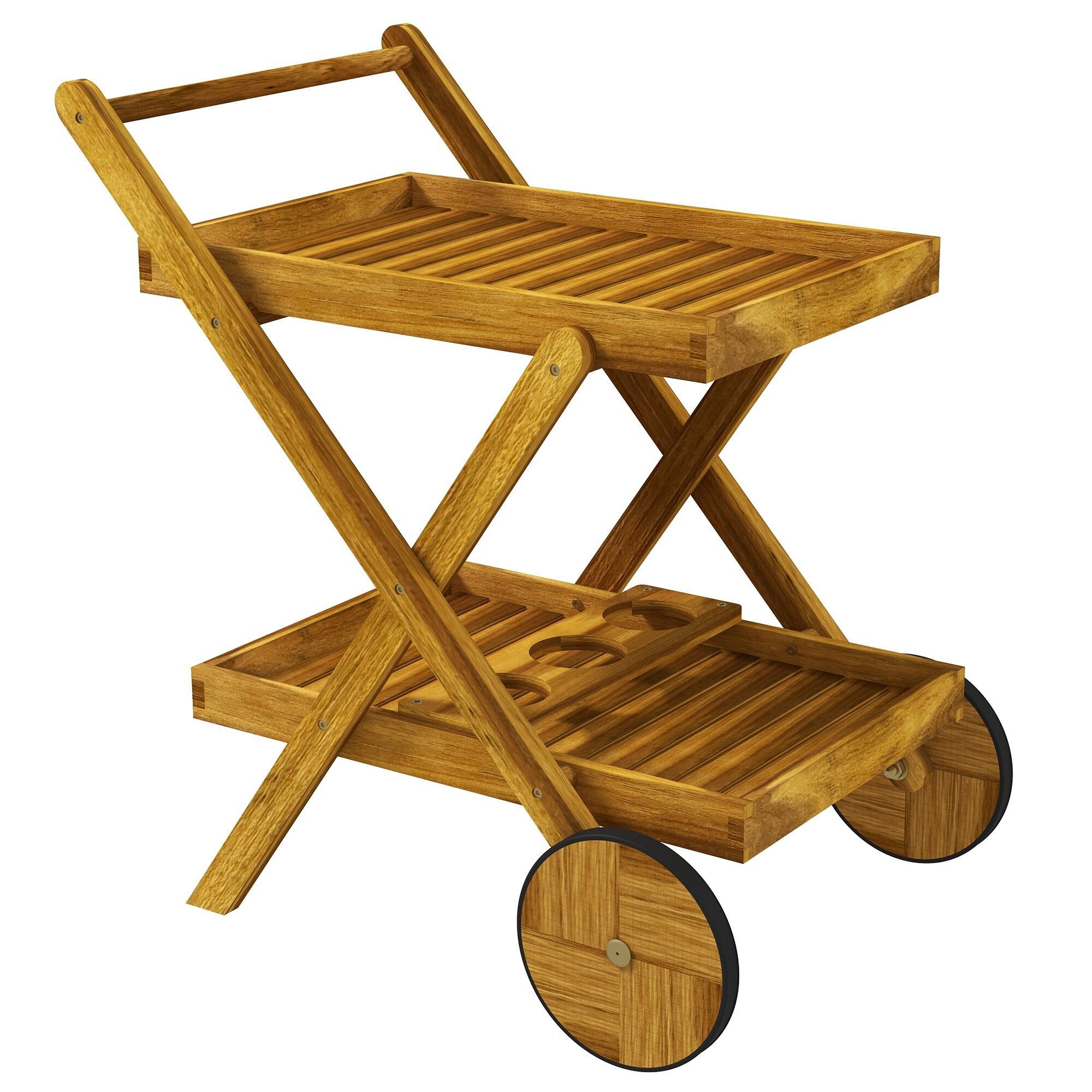 Outsunny Carrello da giardino carrello per barbecue in legno con 2 vassoi, 3 portabottiglie e 2 ruote 52 L x 71 L x 74 A cm legno naturale